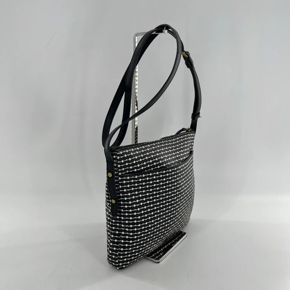 Fossil Fiona Large Crossbody Allover Geometric Dot Striped Black White Dot Dash